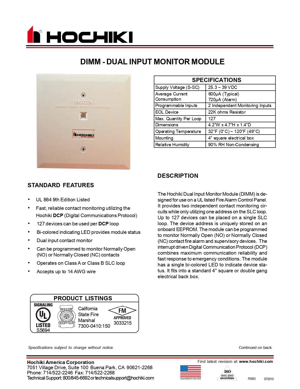 DCP-DIMM|Módulo de monitor de doble entrada para caja de 4|Hochiki - Hochiki.Store