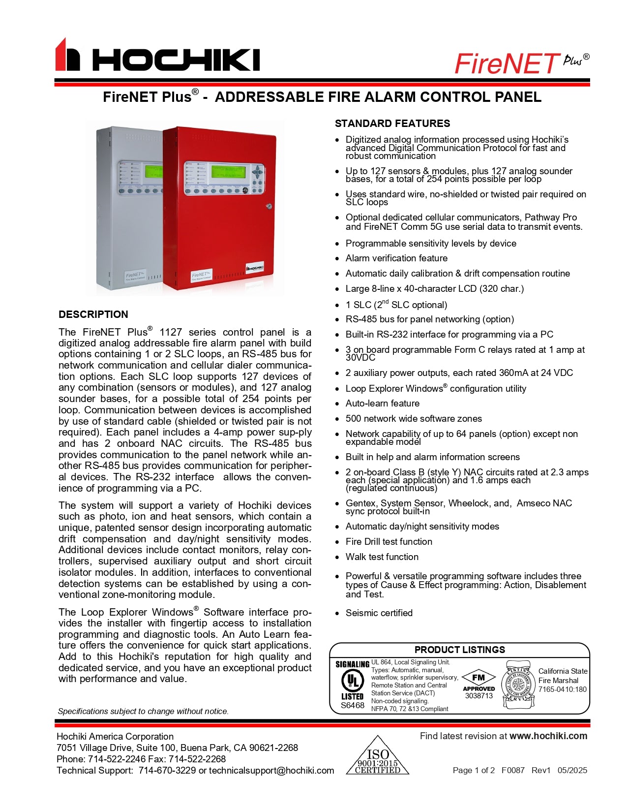 Panel analógico direccionable|FNP1127US00GS220| 1 bucle (220V) sin marcador, no ampliable, rojo |Hochiki Store