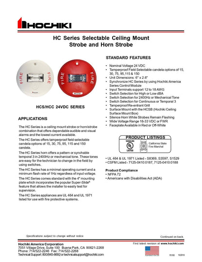 Estrobo 24VDC|HCS24PCW|Multi Candela|Montaje en techo - Hochiki.Store